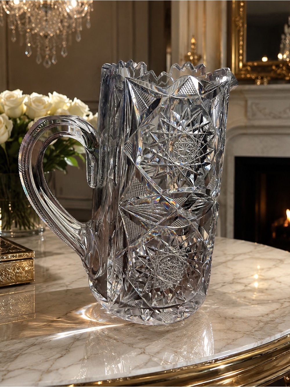 Antique American Brilliant Period (ABP) Cut Glass Pitcher, Starburst Pattern